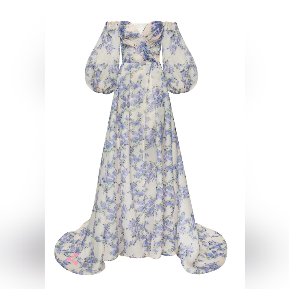 Hydrangea Elegant Floral Puff Sleeve Maxi Dress